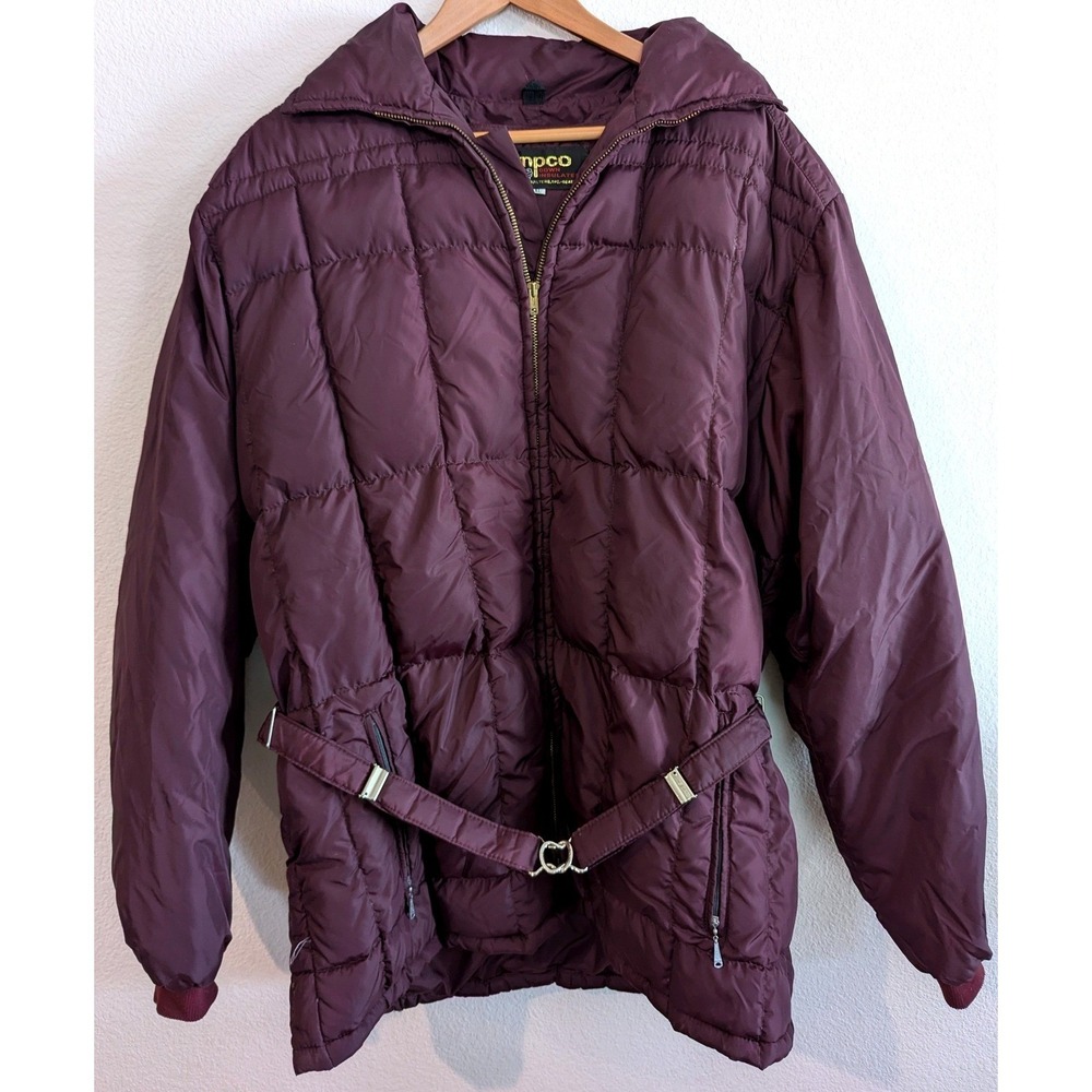 Vintage Tempco USA Down Puffer Jacket Womens XL Burgundy Belted Quilted Coat